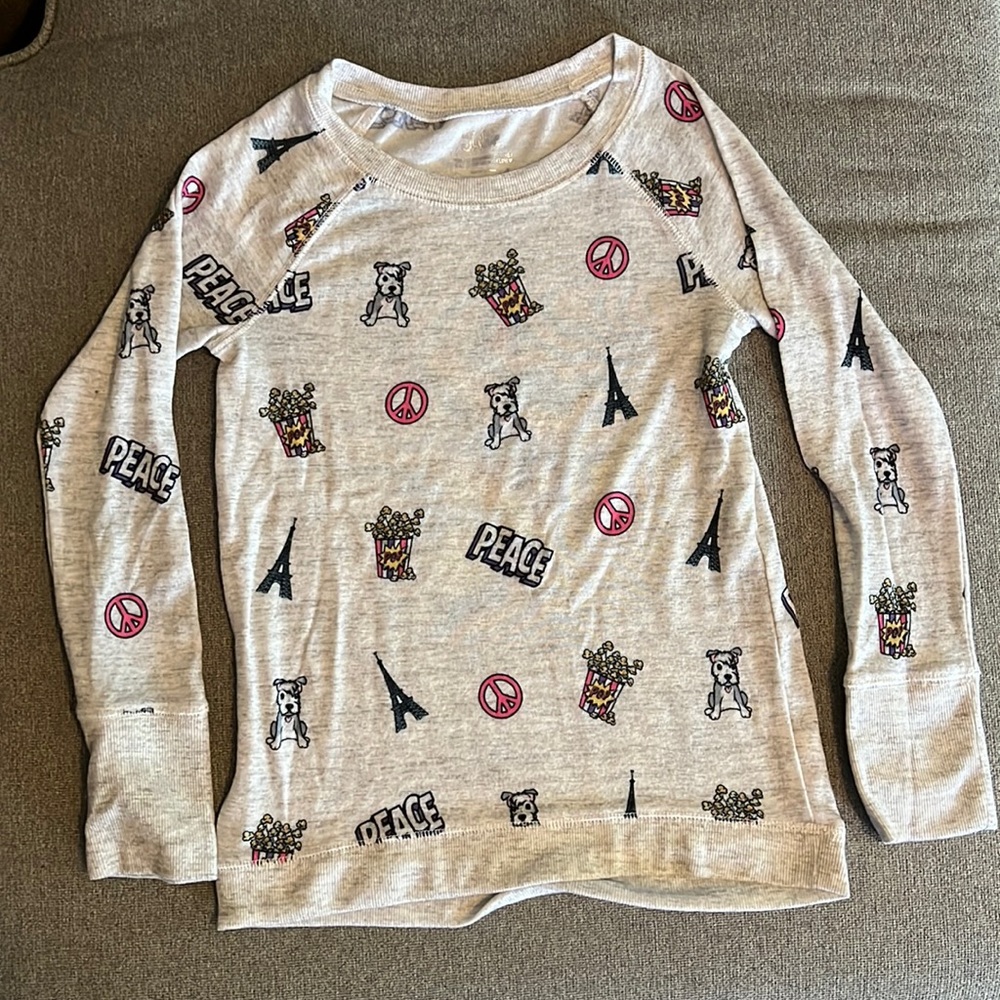 Justice | Girls Size 12 | Long Sleeve Graphic Shirt | Peace Popcorn Dogs Paris
